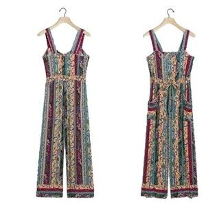 Anthropologie CALAIS JUMPSUIT Floral Multicolor‎ Bohemian Pockets Size Small